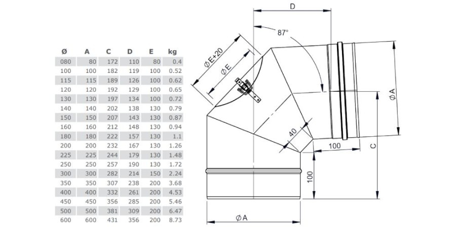 Winkel 87° starr mit Revisionsöffnung - einwandig - Tecnovis TEC-EW-Classic