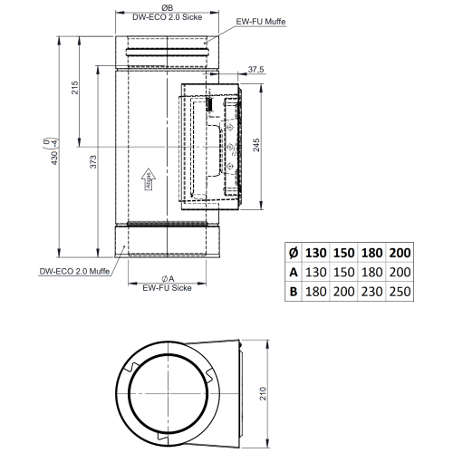 Reinigungselement (bis 600°C/N1), eckige Öffnung 210x140 mm - doppelwandig - Tecnovis TEC-DW-NOIR