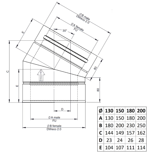 Winkel 30° starr - doppelwandig - Tecnovis TEC-DW-NOIR