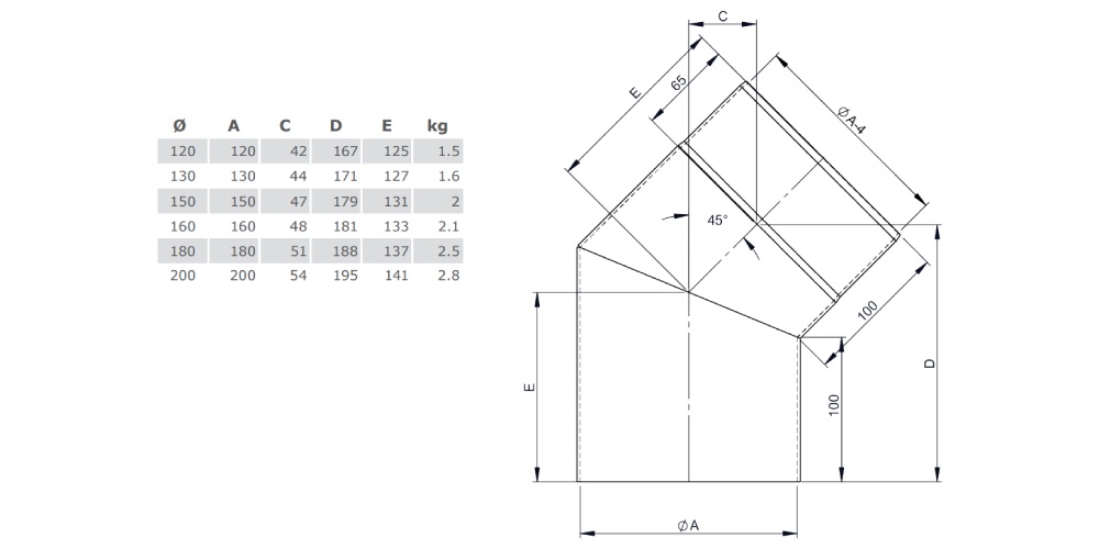 Ofenrohr - Winkel 45° ohne Tür schwarz - Tecnovis TEC-Stahl