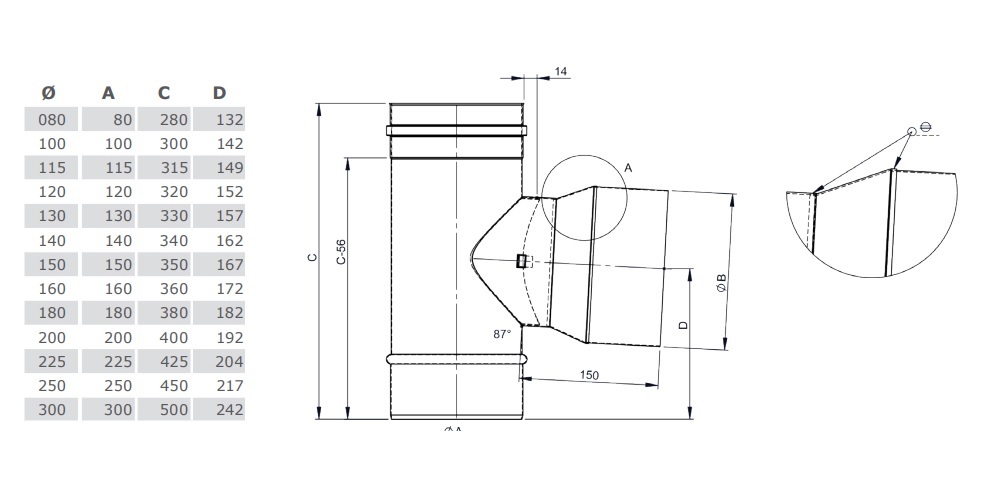T-Klix 87° mit Wassernase Abgang - einwandig für Tecnovis TEC-EW-SILVER