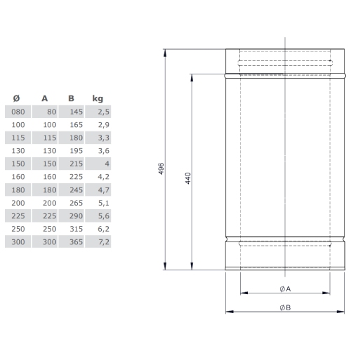Längenelement 500 mm - doppelwandig - Tecnovis TEC-DW-Silver