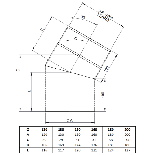 Ofenrohr - Winkel 30° ohne Tür schwarz - Tecnovis TEC-Stahl