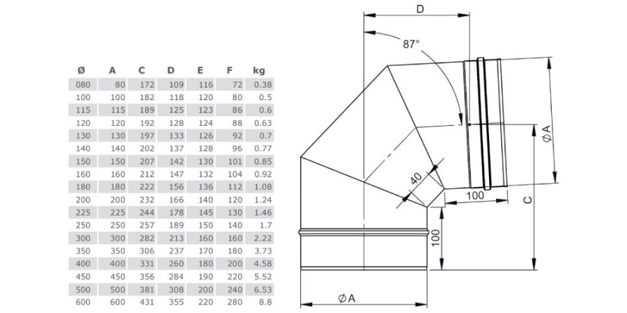 Winkel 87° starr - einwandig - Tecnovis TEC-EW-Classic
