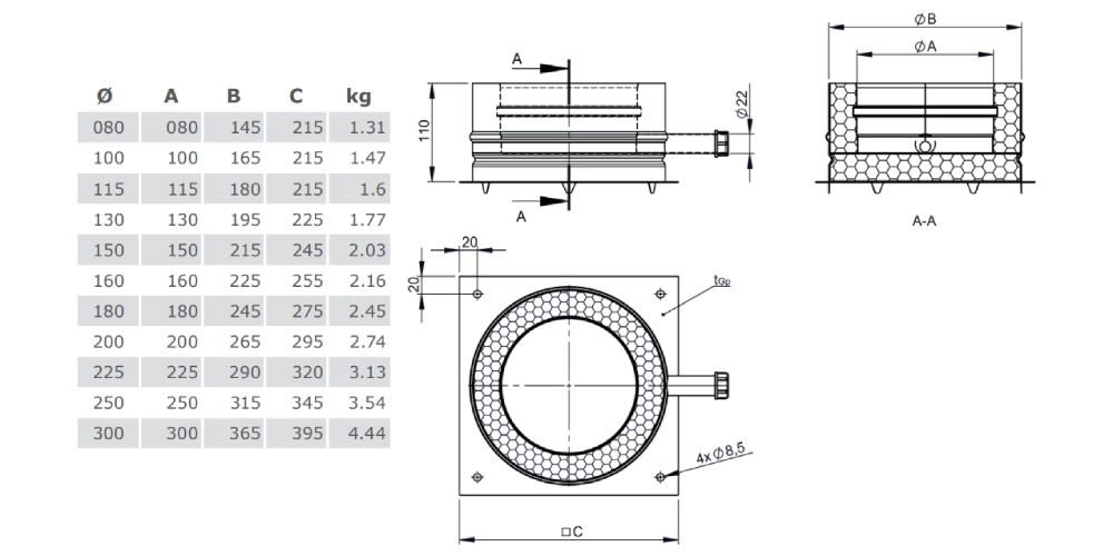 Grundplatte für Sockelmontage mit Kondensatablauf seitlich und 1/2“ Nippel aus Kupfer - Tecnovis TEC-DW-Classic