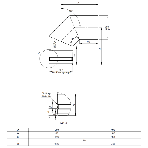 Pelletofenrohr - Winkel 90° starr - schwarz lackiert - Tecnovis TEC-PELLET