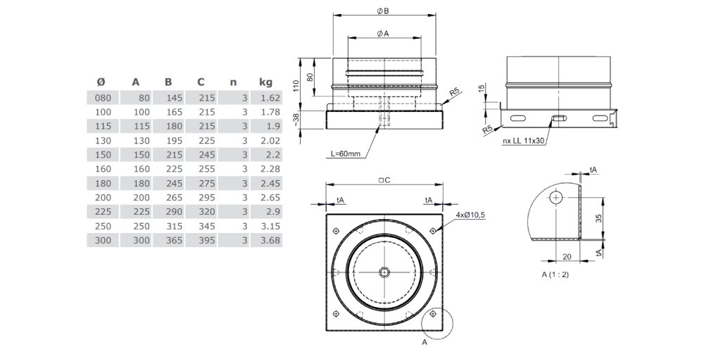 Grundplatte mit Kondensatablauf unten aus Kupfer - doppelwandig - Tecnovis TEC-DW-Classic
