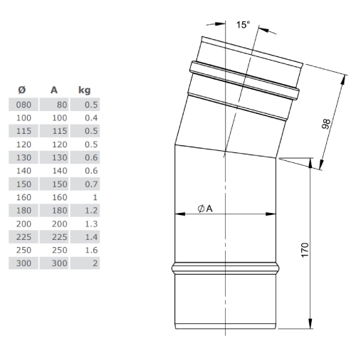 Winkel 15° starr für Versatz unten - einwandig - Tecnovis TEC-EW-Classic