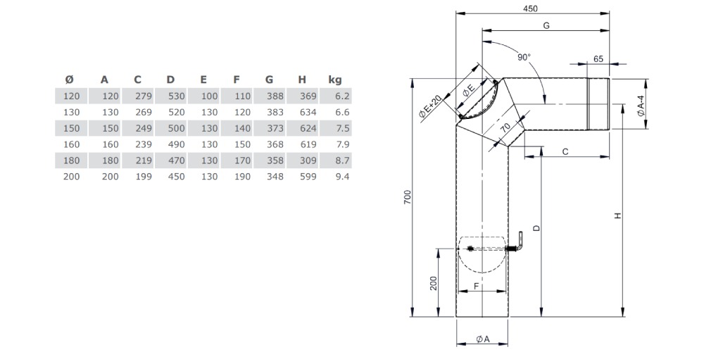 Ofenrohr - Winkelrohr (Schenkellänge 450/700 mm) mit Tür und Klappe schwarz - Tecnovis TEC-Stahl