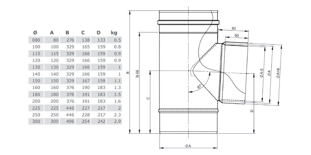 T-Anschlußstück 87° mit integriertem Wandfutter - einwandig - Tecnovis TEC-EW-Classic