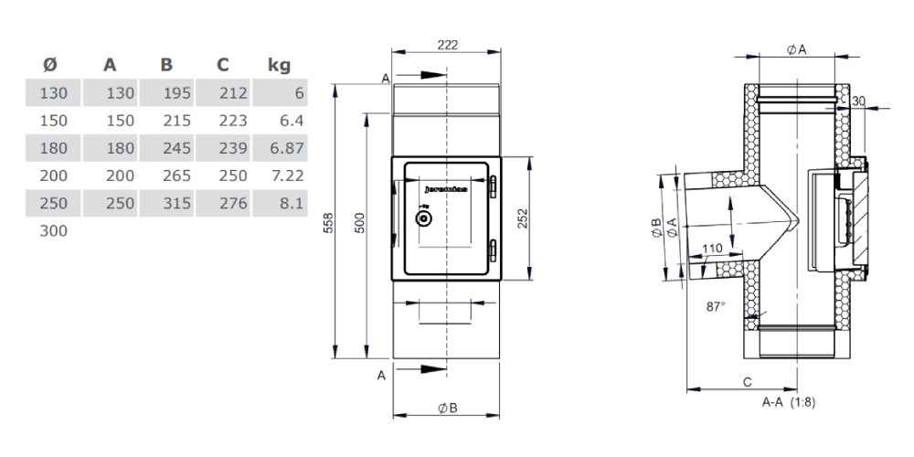 T-Anschluss 87° mit Reinigung gegenüberliegend (gleiche Höhe) - doppelwandig - Tecnovis TEC-DW-Design