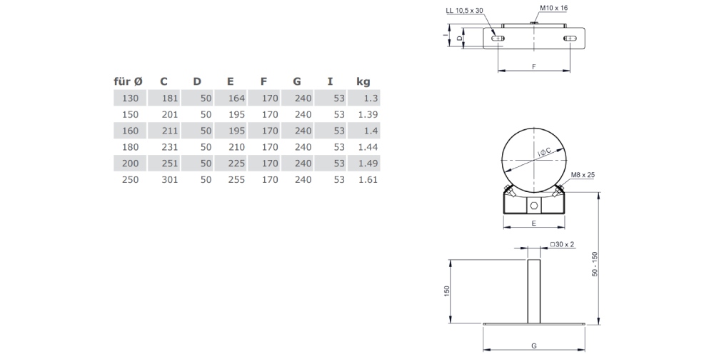 Wandabstandshalter verstellbar 50 - 150 mm - doppelwandig - Tecnovis TEC-DW-Standard