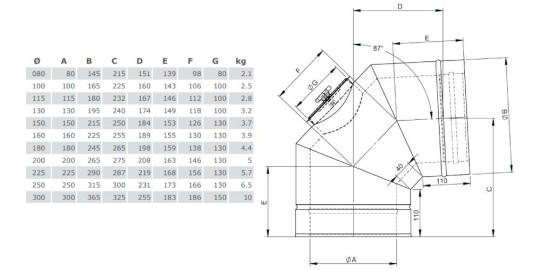 Winkel 87° mit Revisionsöffnung für Festbrennstoffe - doppelwandig - Tecnovis TEC-DW-Silver
