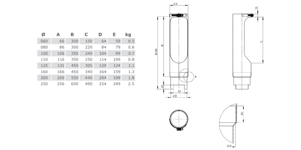 Stützfuß passend für Winkel 87° und 45° nach unten verlängerbar - einwandig - Tecnovis TEC-PPS