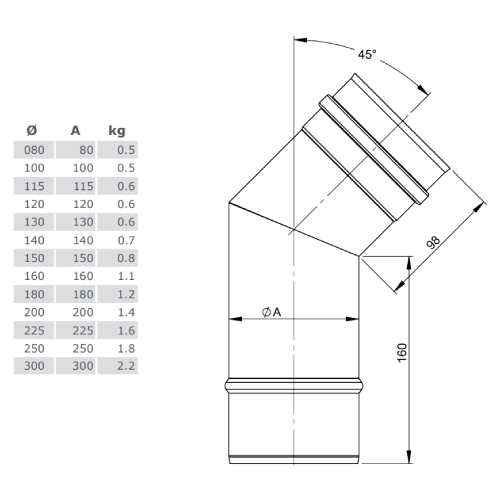 Winkel 45° starr für Versatz unten - einwandig - Tecnovis TEC-EW-Classic