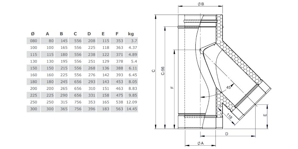 T-Anschluss 45° mit Wassernase aus Kupfer - doppelwandig - Tecnovis TEC-DW-Classic