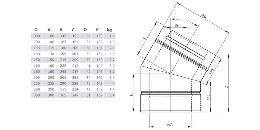 Winkel 30° starr aus Kupfer - doppelwandig - Tecnovis TEC-DW-Classic