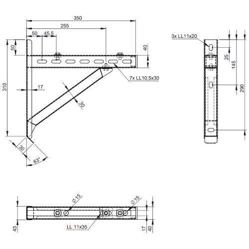 Wandstütze & Querträger Typ I 350 mm - doppelwandig - Tecnovis TEC-DW-NOIR