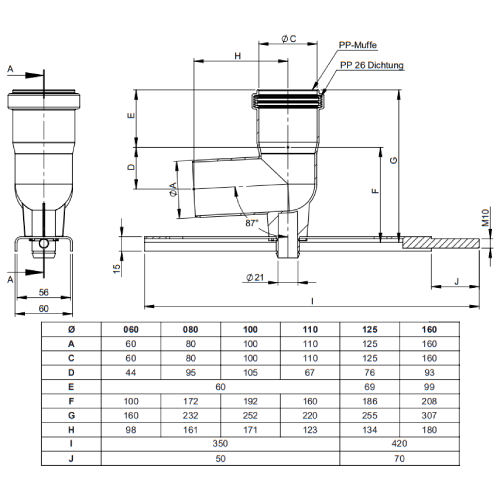 Winkel 87° mit Stützfuß und Auflageschiene - einwandig - Tecnovis TEC-PPS und TEC-PP-FLEX