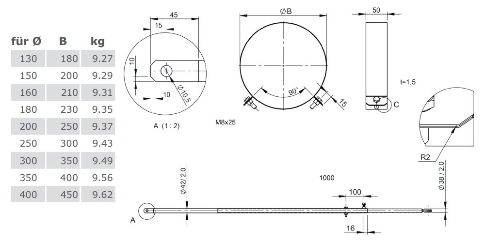2-Punktabspannung mit Rundrohr verschiedene Längen - Tecnovis TEC-DW-Standard