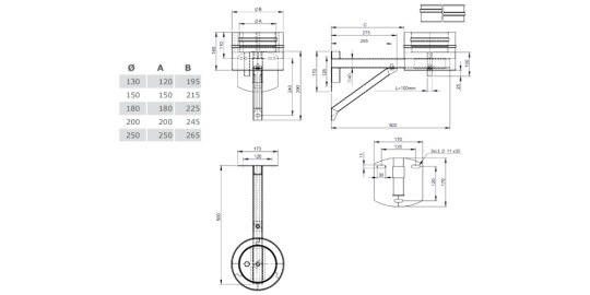 Grundplatte rund mit Kondensatablauf unten und Halterung verstellbar bis 200 mm - Tecnovis TEC-DW-Design