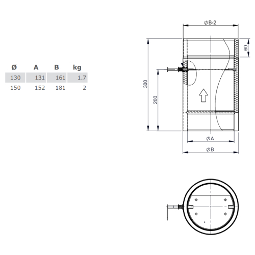 Ofenrohr - doppelwandig - Längenelement 300 mm mit Drosselklappe gussgrau - Tecnovis TEC-Protect