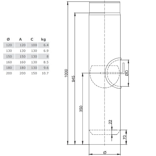 Ofenrohr - Längenelement 1000 mm mit Drosselklappe und Tür schwarz (mit Einzug) - Tecnovis TEC-Stahl