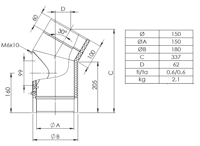 Ofenrohr - doppelwandig - Winkel 30° mit Tür gussgrau - Tecnovis Iso-Line