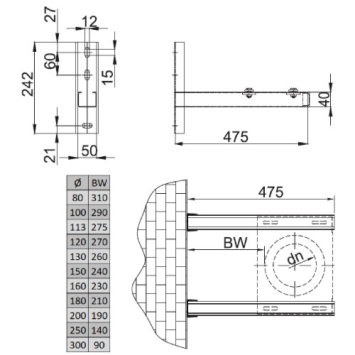 Wandstützen 475 mm - doppelwandig - Reuter DW-Systeme