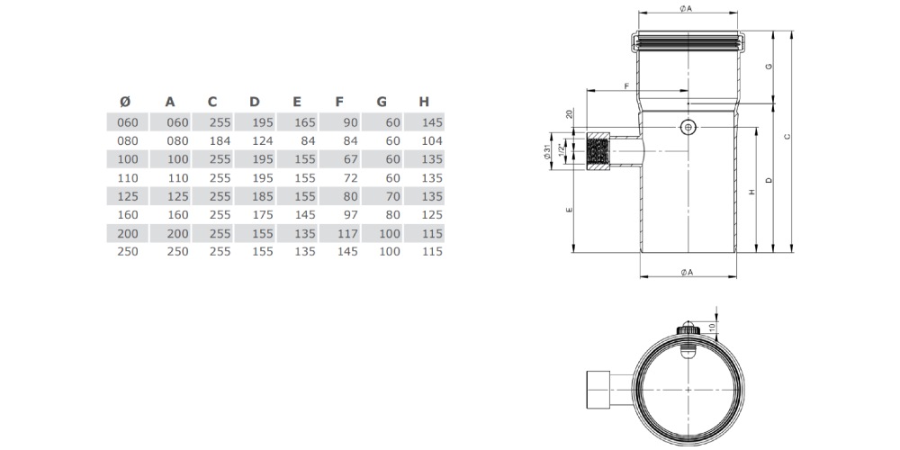 Anschlussstück L = 250 mm mit 1/2“ Muffe für Sicherheitstemperaturbegrenzer - einwandig - Tecnovis TEC-PPS