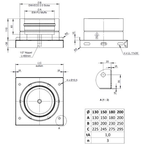 Grundplatte mit Kondensatablauf unten und 1/2“ Nippel - doppelwandig - Tecnovis TEC-DW-NOIR