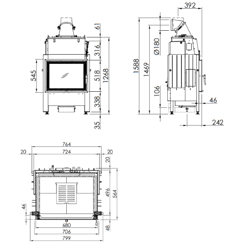 Spartherm Varia 1V H2O Kamineinsatz 8 kW Drehtür wasserführend