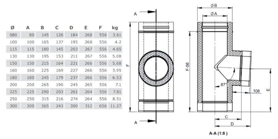 T-Anschluss 87° mit Wassernase - doppelwandig - Tecnovis TEC-DW-Silver