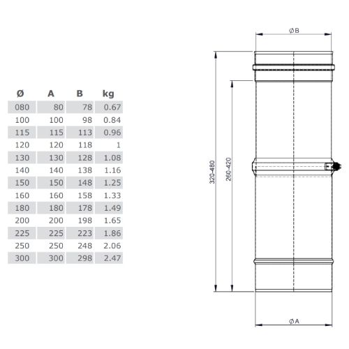 Schiebeelement für Verbindungsleitung 320 - 460 mm - einwandig - Tecnovis TEC-EW-SILVER