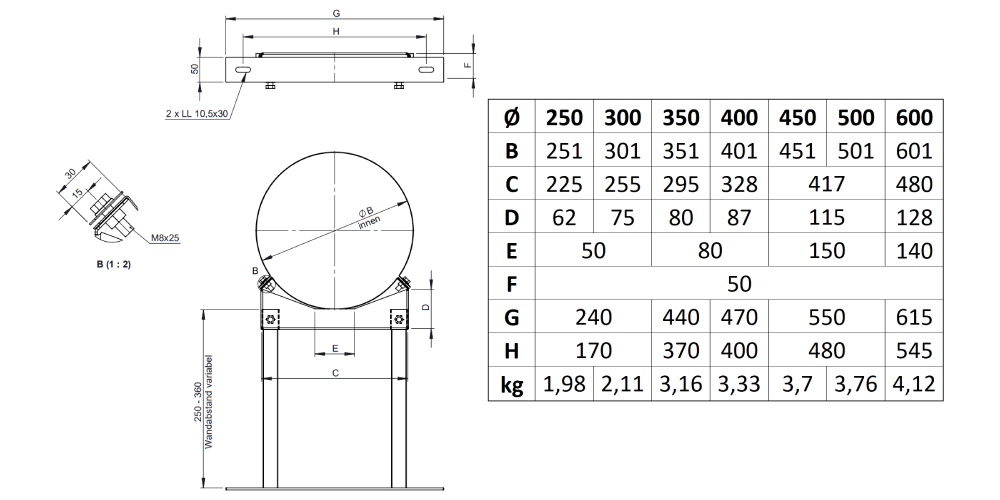 Wandabstandshalter verstellbar 250 - 360 mm für Tecnovis TEC-DW-Classic und TEC-DW-Silver