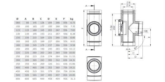 T-Anschluss 87° inkl. Reinigung gegenüberliegend (gleiche Höhe) - doppelwandig - Tecnovis TEC-DW-Classic