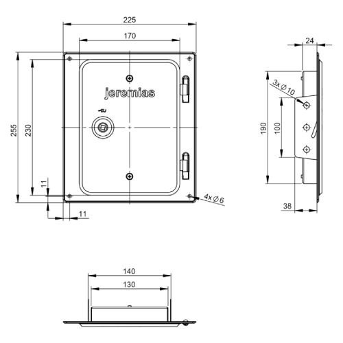 Edelstahlkamintüre 210 x 140 mm mit 4 Bohrungen und 2 seitlichen Laschen, inkl. Kamintürenschlüssel - Tecnovis TEC-EW-Classic