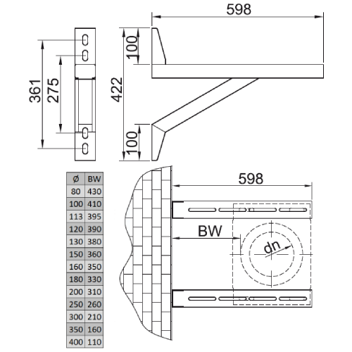 Wandstützen 598 mm - doppelwandig - Reuter DW-Systeme