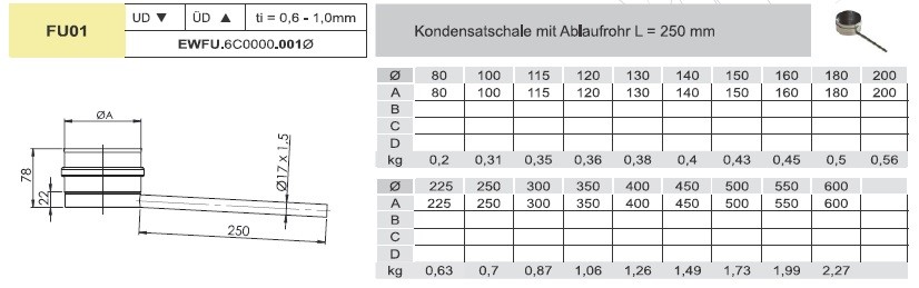 Kondensatschale mit Ablaufrohr 250 mm - einwandig für Tecnovis TEC-EW-Classic