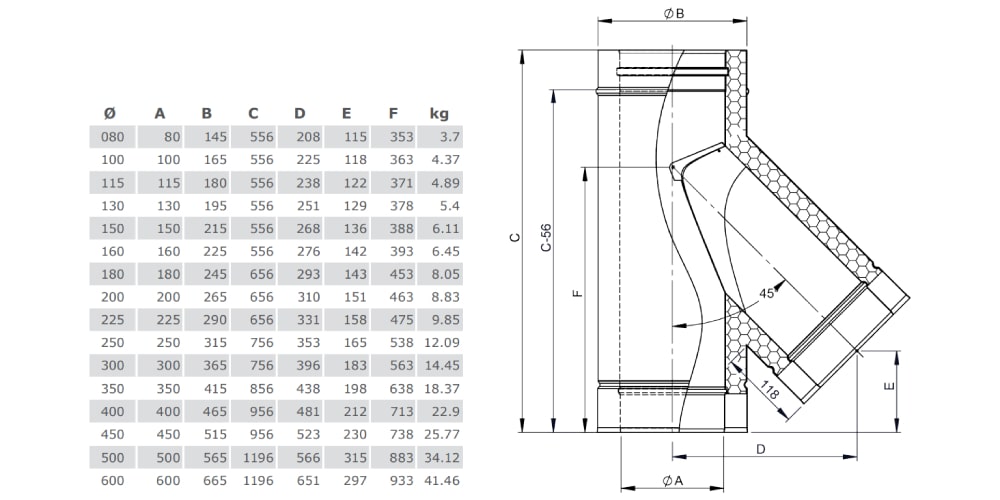 T-Anschluss 45° mit Wassernase - doppelwandig - Tecnovis TEC-DW-Classic
