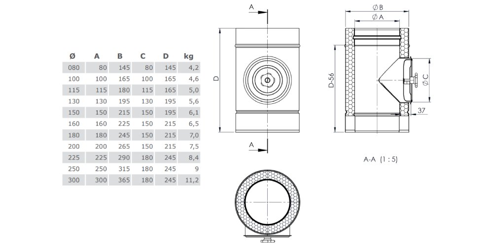 Längenelement mit Revision (Deckel für Festbrennstoffe) aus Kupfer - doppelwandig - Tecnovis TEC-DW-Classic