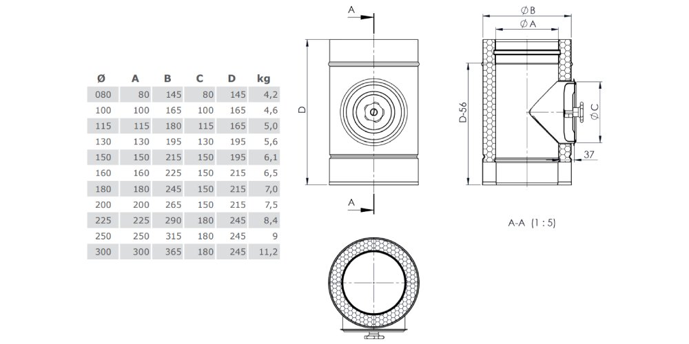 Längenelement mit Revision (Deckel für Festbrennstoffe) aus Kupfer - doppelwandig - Tecnovis TEC-DW-Classic