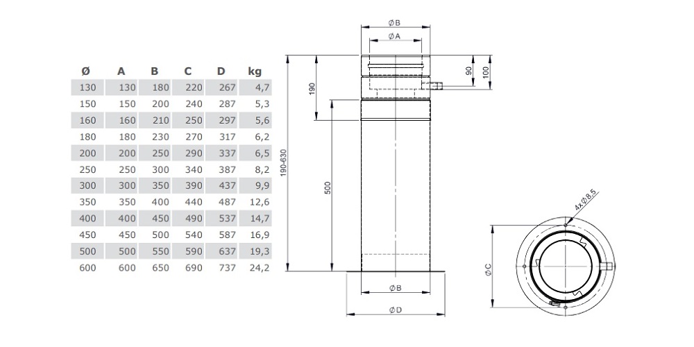 Teleskopstütze 190 - 630 mm inkl. Teleskopkopf - doppelwandig - Tecnovis TEC-DW-Standard