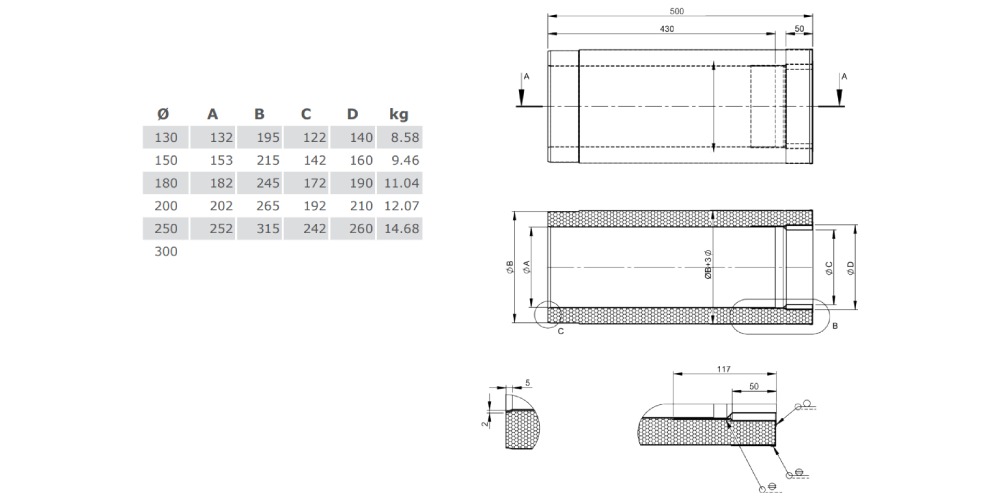 Längenelement 500 mm mit integriertem Wandfutter, kürzbar für TEC-Stahl - doppelwandig - Tecnovis TEC-DW-Design
