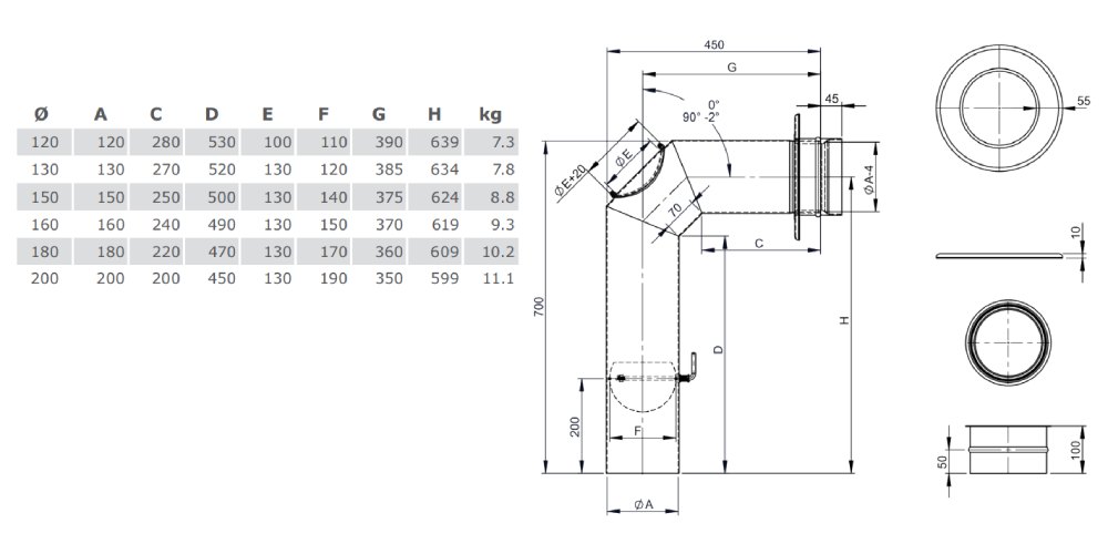 Ofenrohr - Winkelrohr (Schenkellänge 450/700 mm) - Set für Anschluss oben - gussgrau - Tecnovis TEC-Stahl