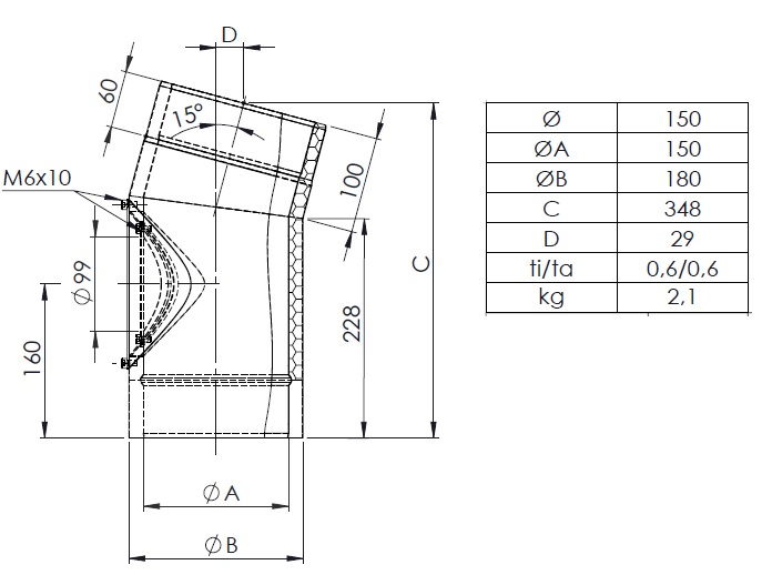 Ofenrohr - doppelwandig - Winkel 15° mit Tür gussgrau - Tecnovis Iso-Line