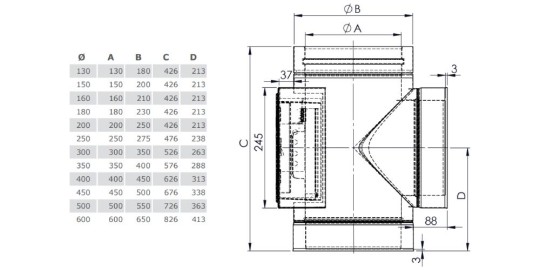 T-Anschluss 90° mit Reinigung gegenüberliegend - doppelwandig - Tecnovis TEC-DW-Standard