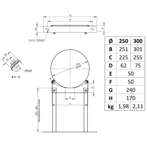 Wandabstandshalter verstellbar 250 - 360 mm, Altkupfer lackiert für Tecnovis TEC-DW-Classic