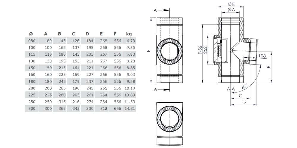 T-Anschluss 87° inklusive Reinigung gegenüberliegend (gleiche Höhe) aus Kupfer - doppelwandig - Tecnovis TEC-DW-Classic