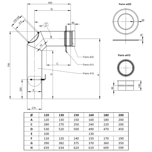 Ofenrohr - Winkelrohr (Schenkellänge 450/700 mm) - Set für Anschluss oben - schwarz - Tecnovis TEC-Stahl